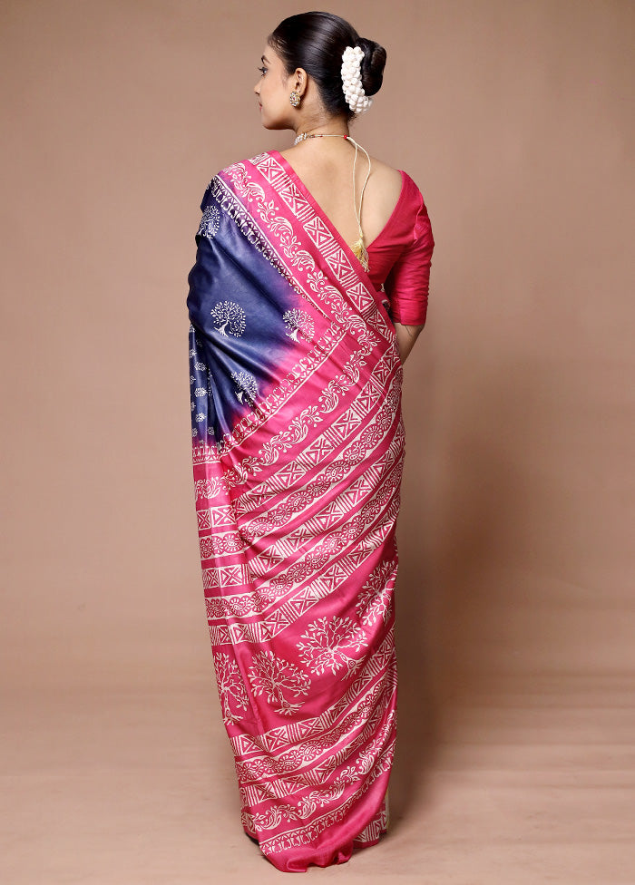 Blue Printed Silk Saree Without Blouse Piece