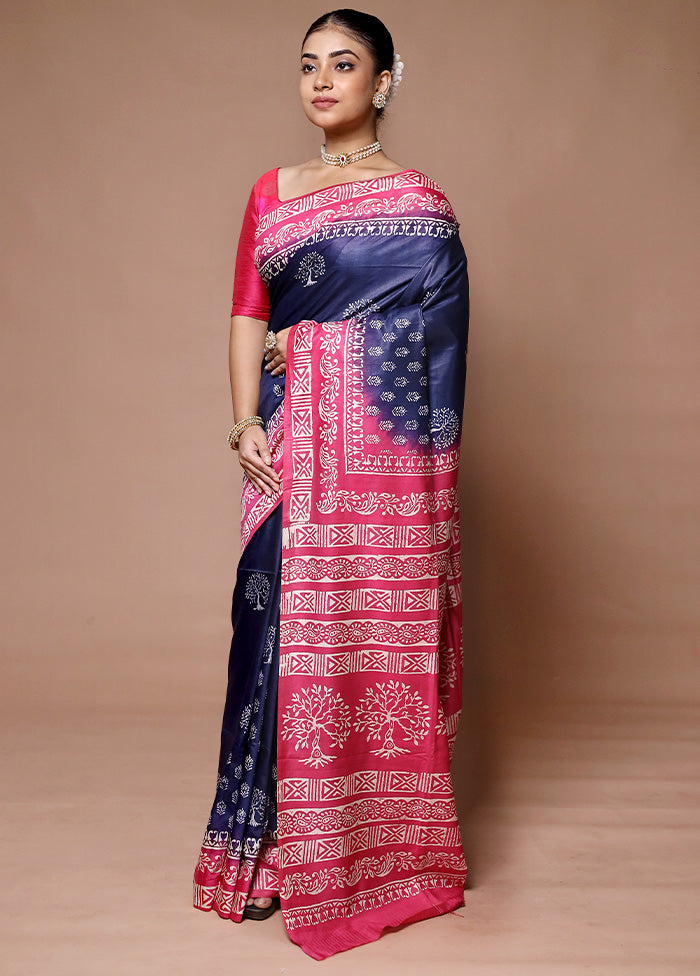 Blue Printed Silk Saree Without Blouse Piece