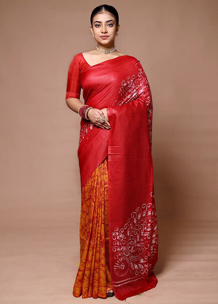 Red Printed Silk Saree Without Blouse Piece