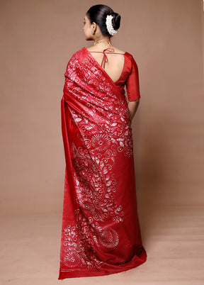 Red Printed Silk Saree Without Blouse Piece