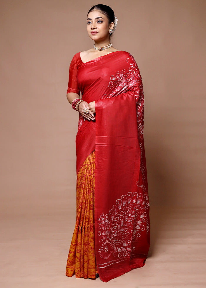 Red Printed Silk Saree Without Blouse Piece