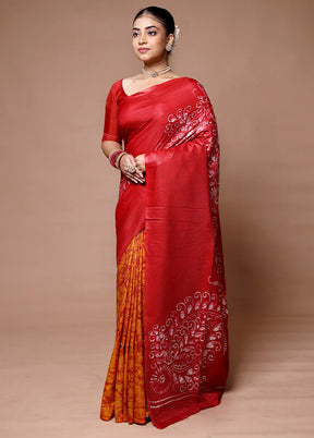 Red Printed Silk Saree Without Blouse Piece