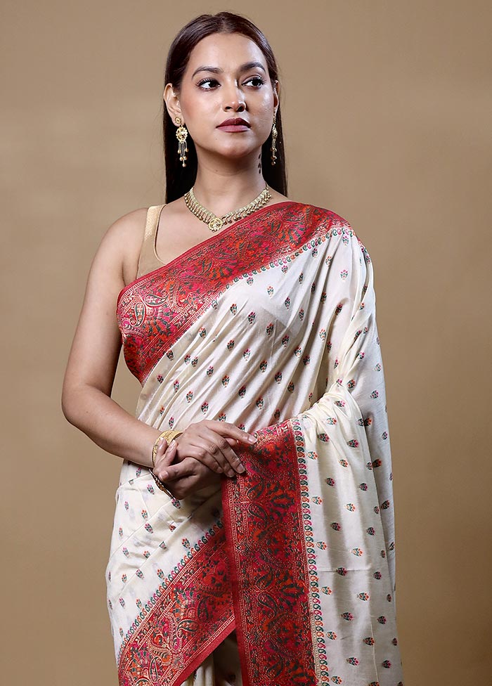 Cream Dupion Silk Saree With Blouse Piece