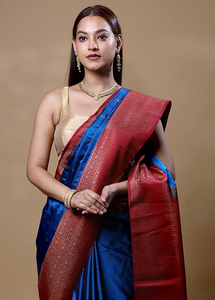 Blue Dupion Silk Saree With Blouse Piece