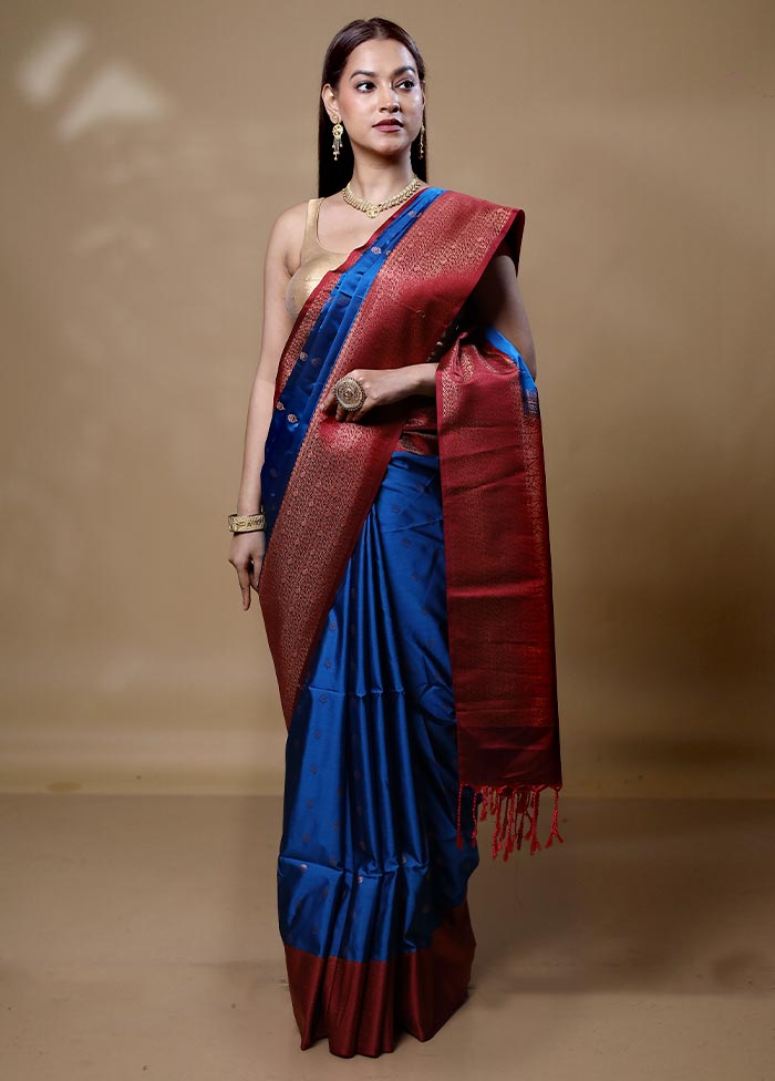 Blue Dupion Silk Saree With Blouse Piece