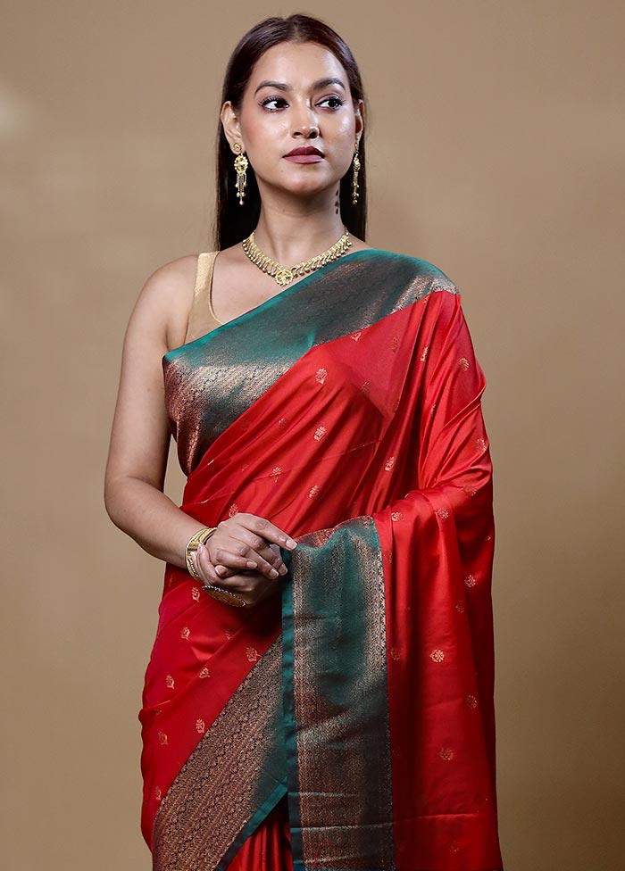 Red Dupion Silk Saree With Blouse Piece