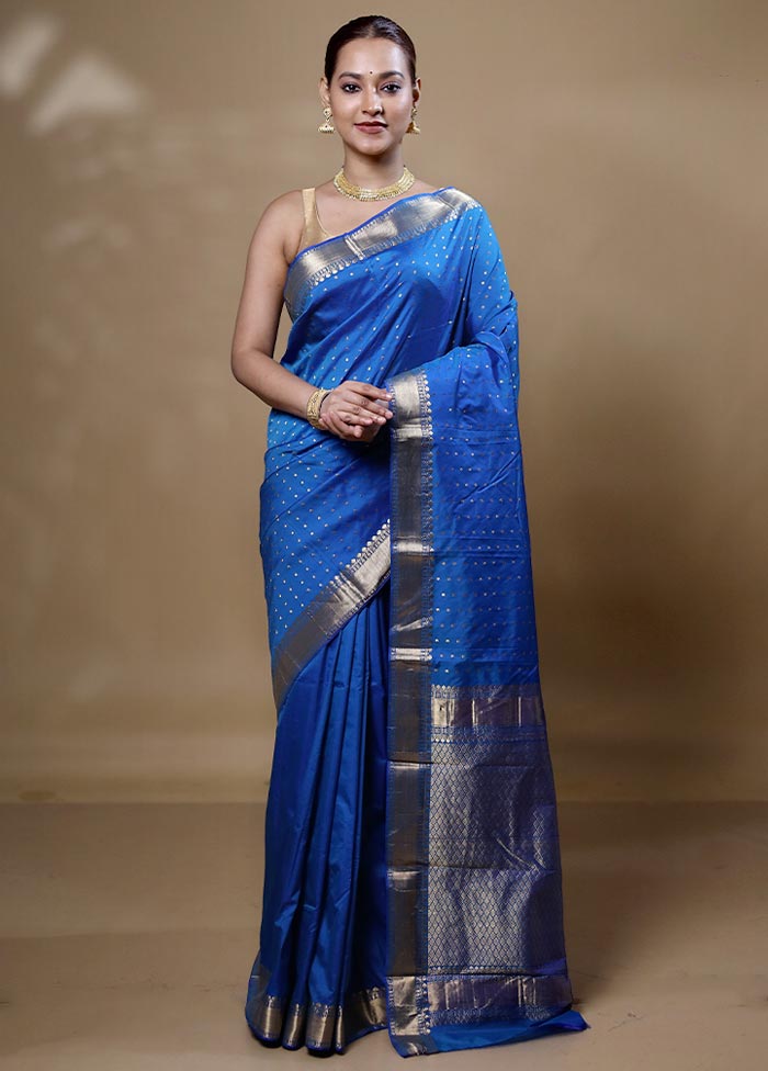 Blue Kanjivaram Silk Saree With Blouse Piece