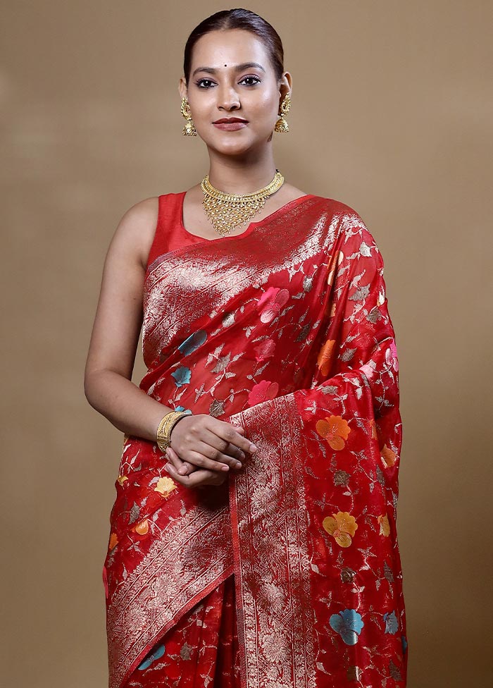 Red Organza Saree With Blouse Piece