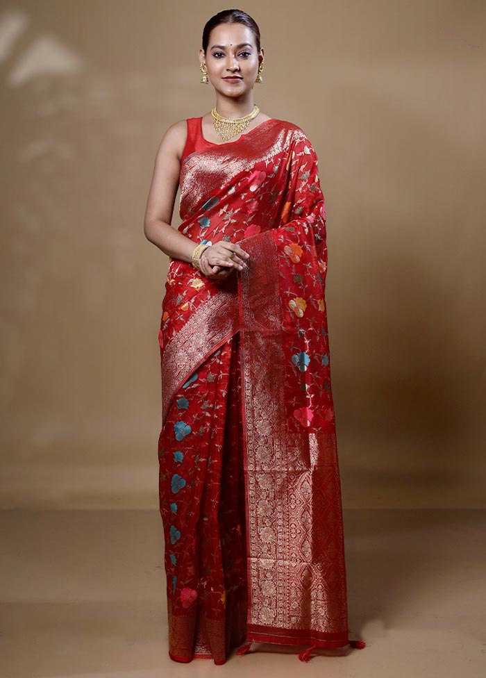 Red Organza Saree With Blouse Piece