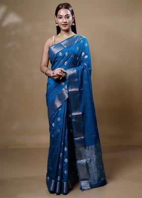 Blue Dupion Silk Saree With Blouse Piece