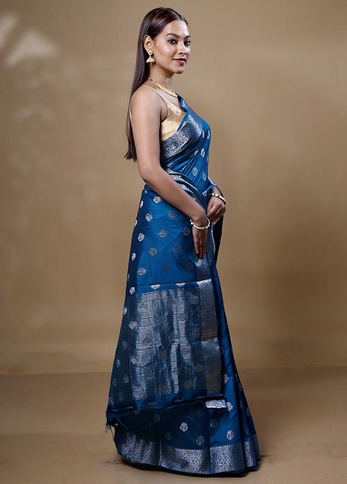 Blue Dupion Silk Saree With Blouse Piece