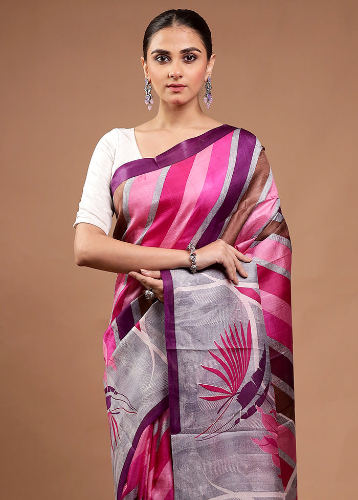 Pink Printed Pure Silk Saree Without Blouse Piece