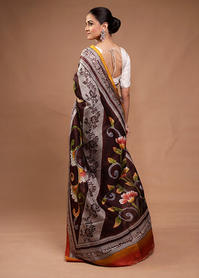 Brown Printed Pure Silk Saree Without Blouse Piece