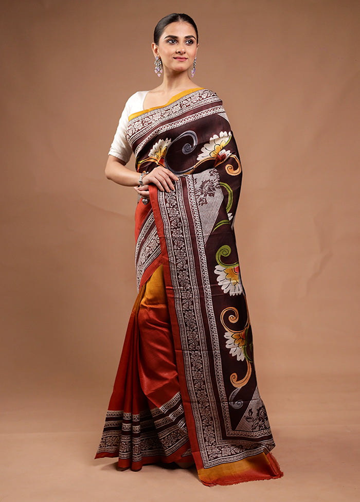 Brown Printed Pure Silk Saree Without Blouse Piece