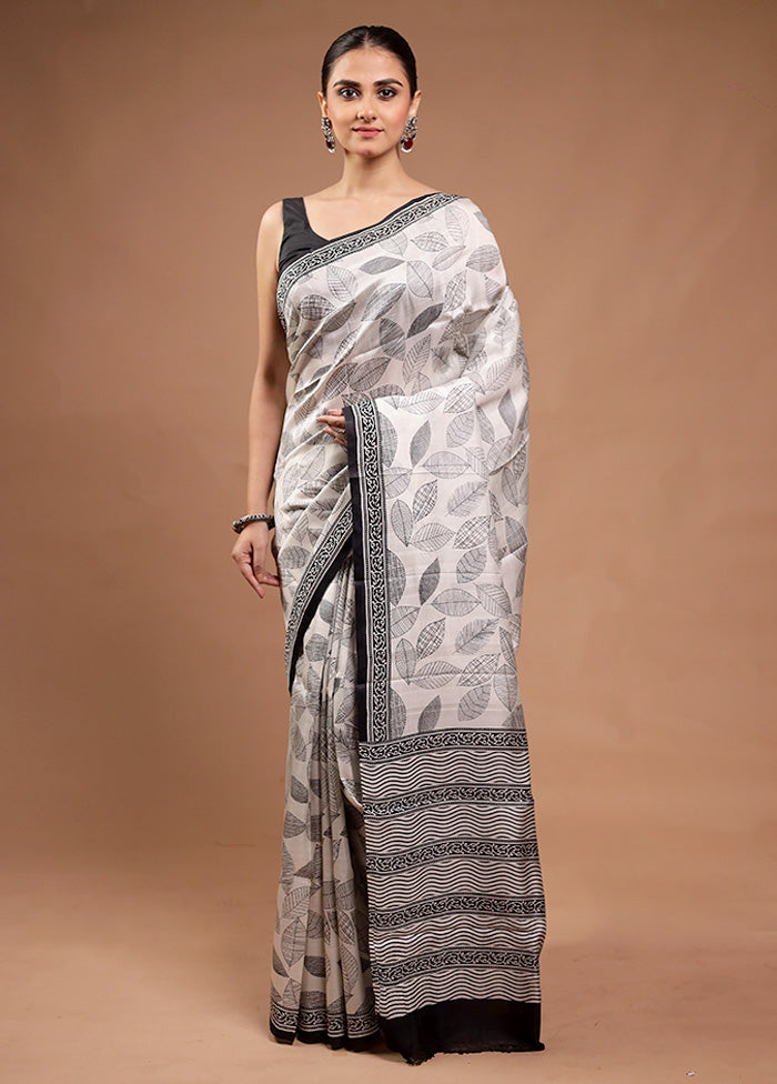 Cream Printed Pure Silk Saree Without Blouse Piece