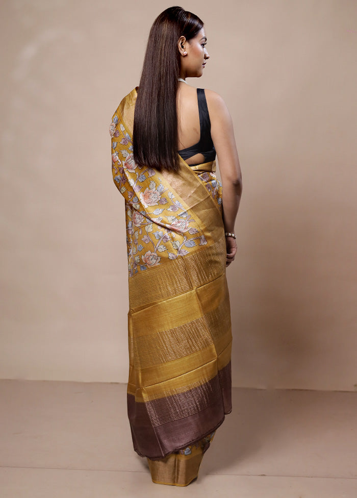 Yellow Tussar Silk Saree With Blouse Piece