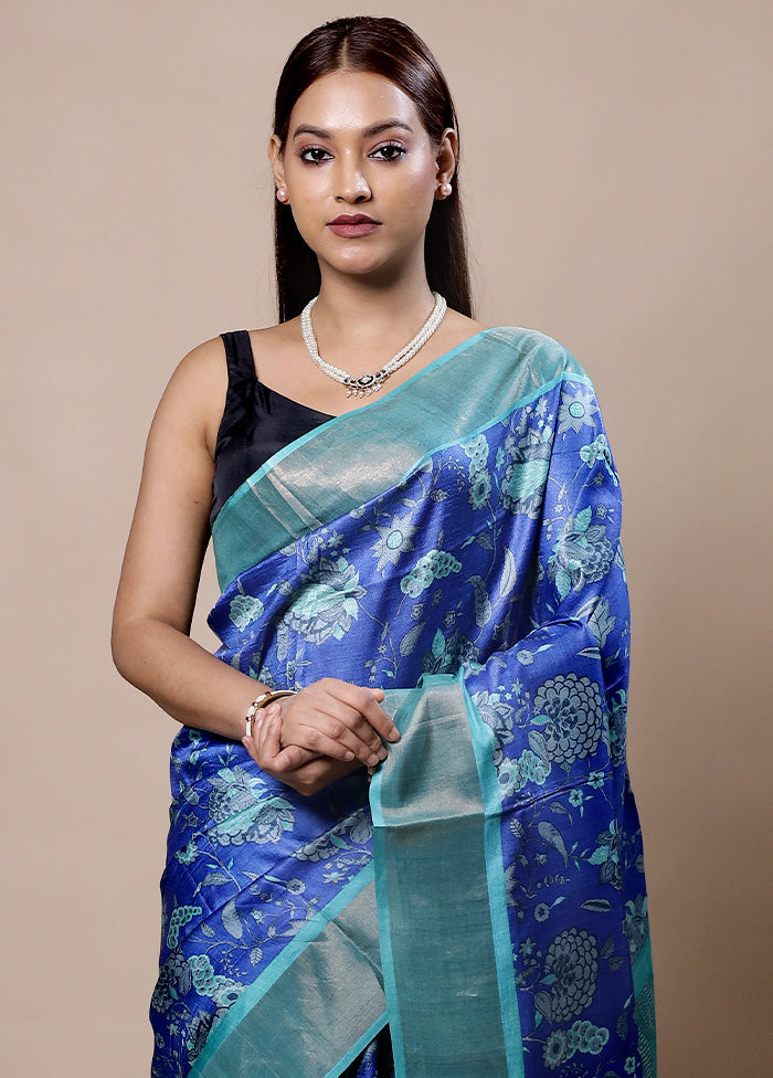 Blue Tussar Silk Saree With Blouse Piece