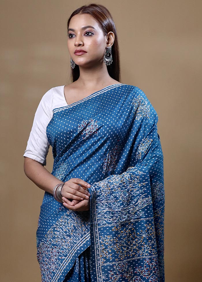 Blue Printed Pure Silk Saree Without Blouse Piece