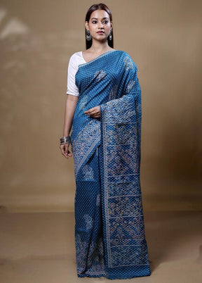 Blue Printed Pure Silk Saree Without Blouse Piece