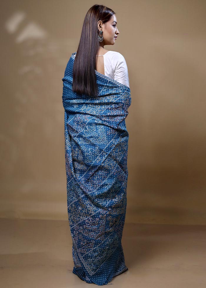 Blue Printed Pure Silk Saree Without Blouse Piece