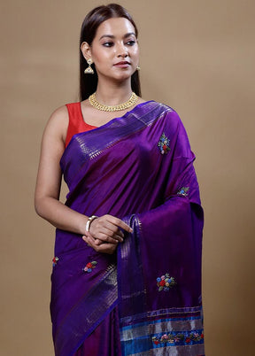 Violet Handloom Tussar Pure Silk Saree With Blouse Piece