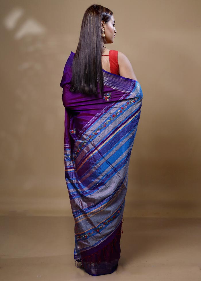 Violet Handloom Tussar Pure Silk Saree With Blouse Piece