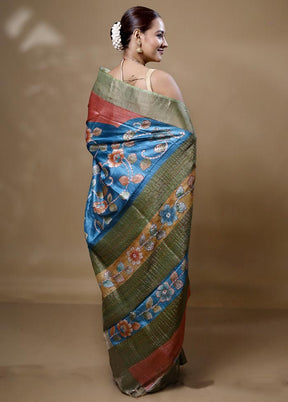 Blue Handloom Tussar Pure Silk Saree With Blouse Piece