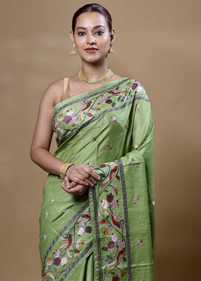 Green Handloom Tussar Pure Silk Saree With Blouse Piece