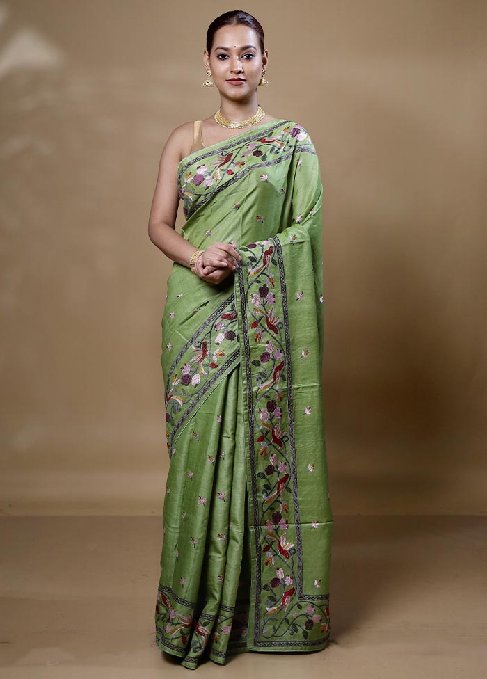 Green Handloom Tussar Pure Silk Saree With Blouse Piece