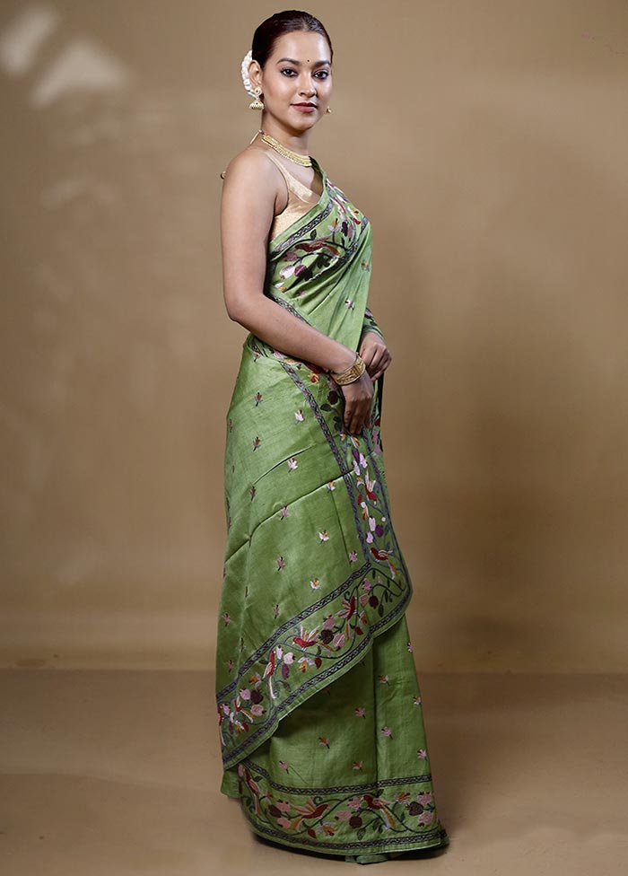 Green Handloom Tussar Pure Silk Saree With Blouse Piece