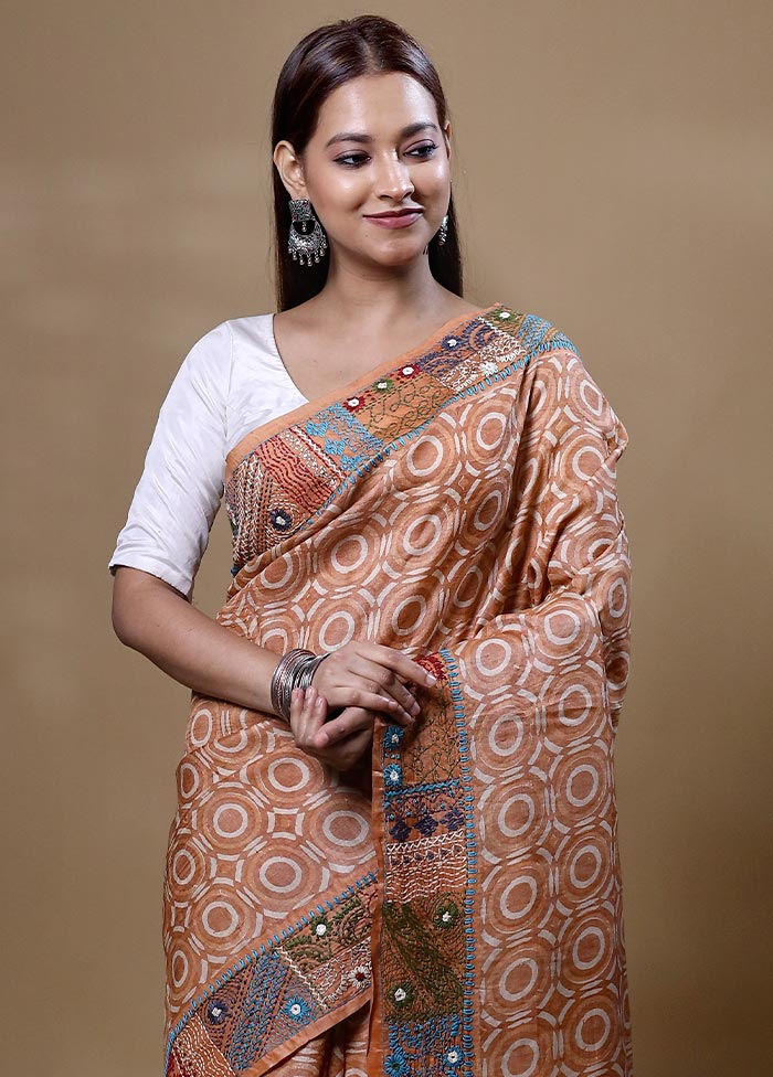 Orange Handloom Tussar Pure Silk Saree With Blouse Piece