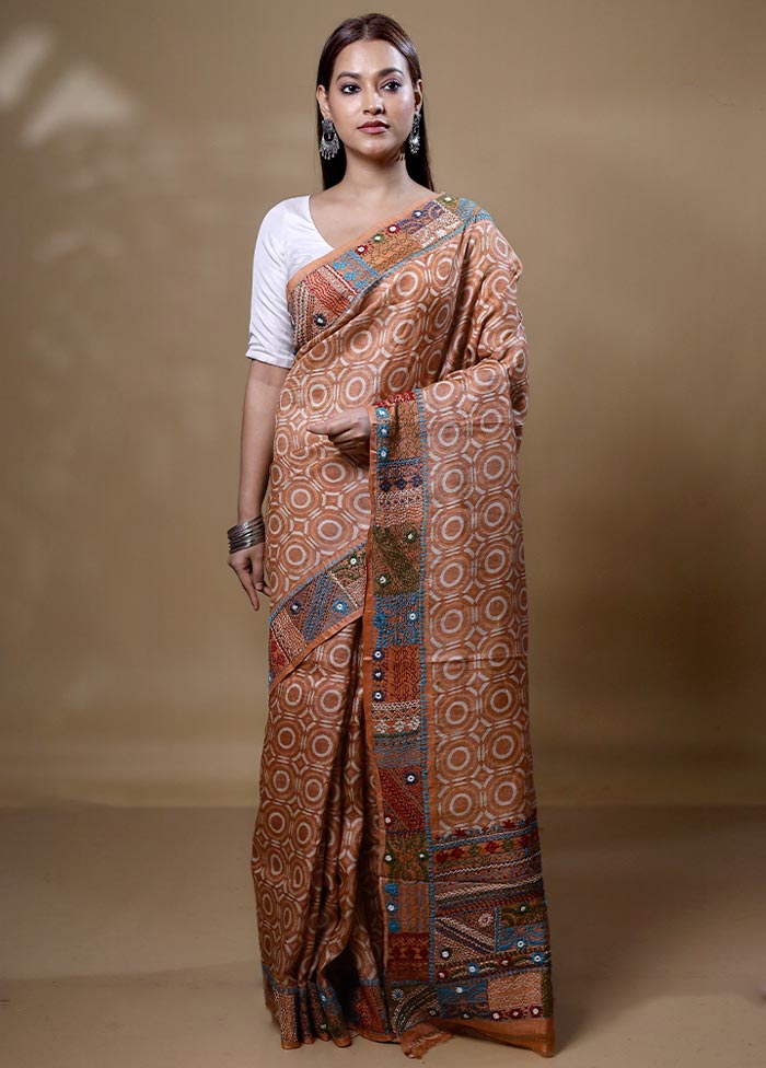 Orange Handloom Tussar Pure Silk Saree With Blouse Piece