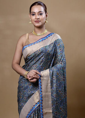 Grey Handloom Tussar Pure Silk Saree With Blouse Piece