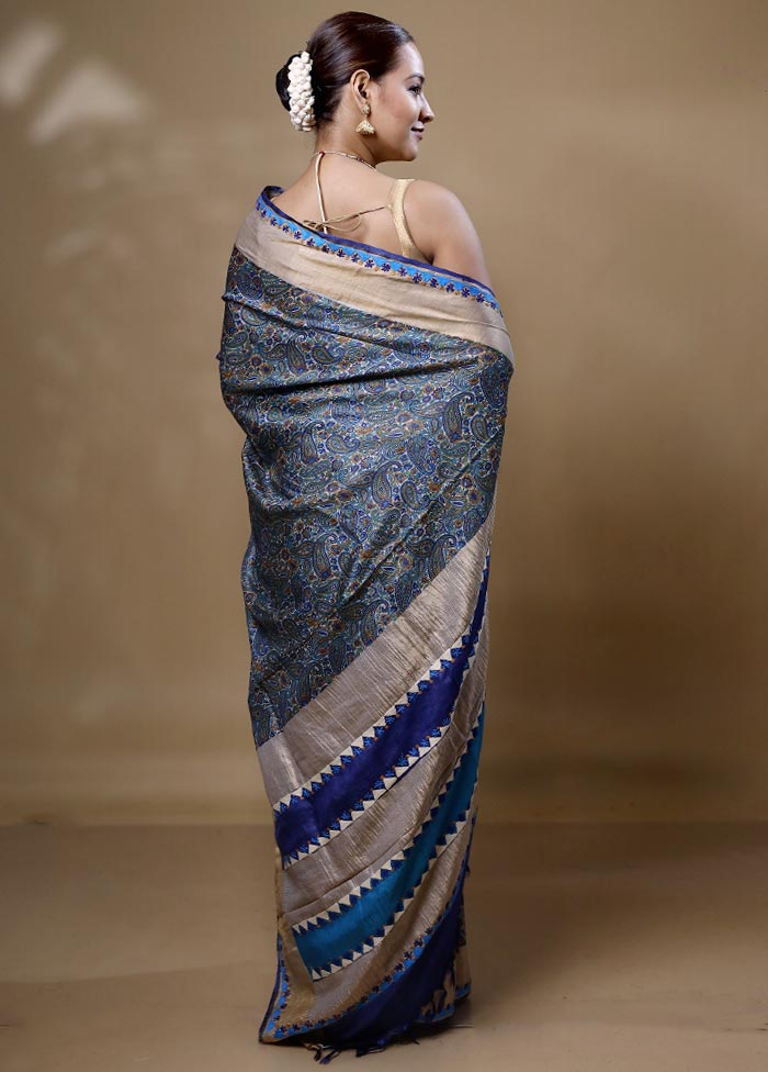 Grey Handloom Tussar Pure Silk Saree With Blouse Piece