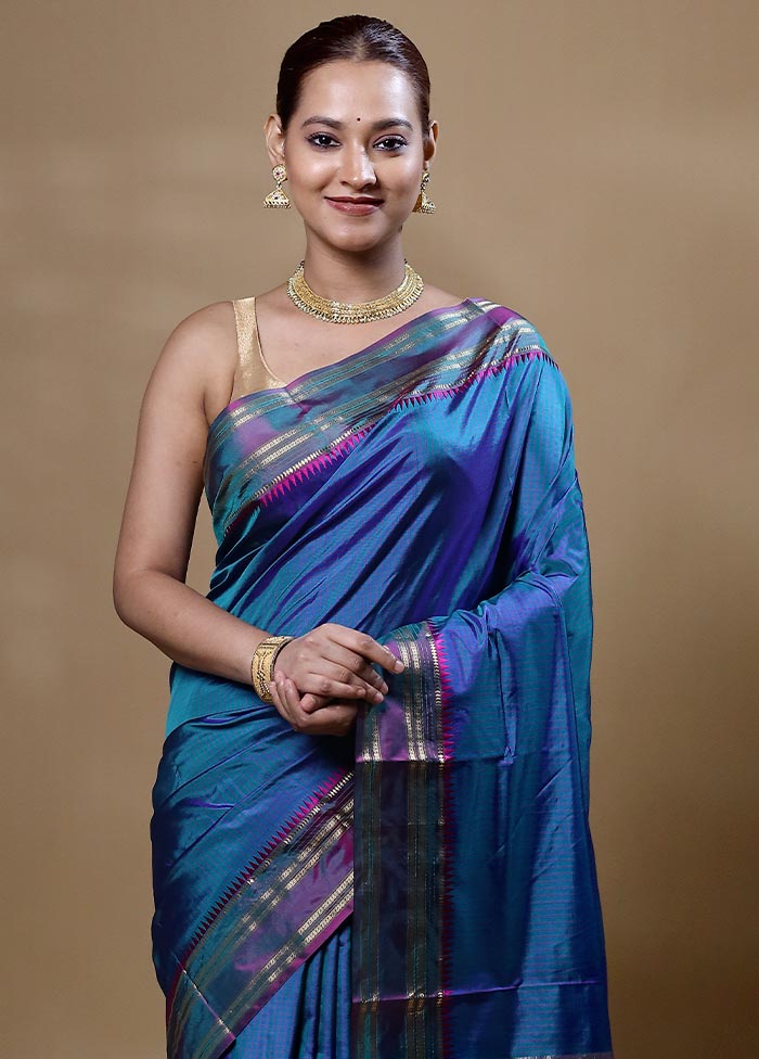 Blue Handloom Kanjivaram Pure Silk Saree With Blouse Piece