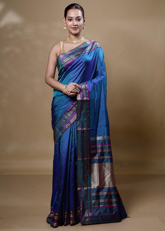 Blue Handloom Kanjivaram Pure Silk Saree With Blouse Piece