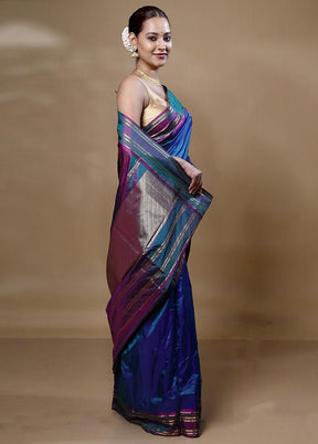 Blue Handloom Kanjivaram Pure Silk Saree With Blouse Piece