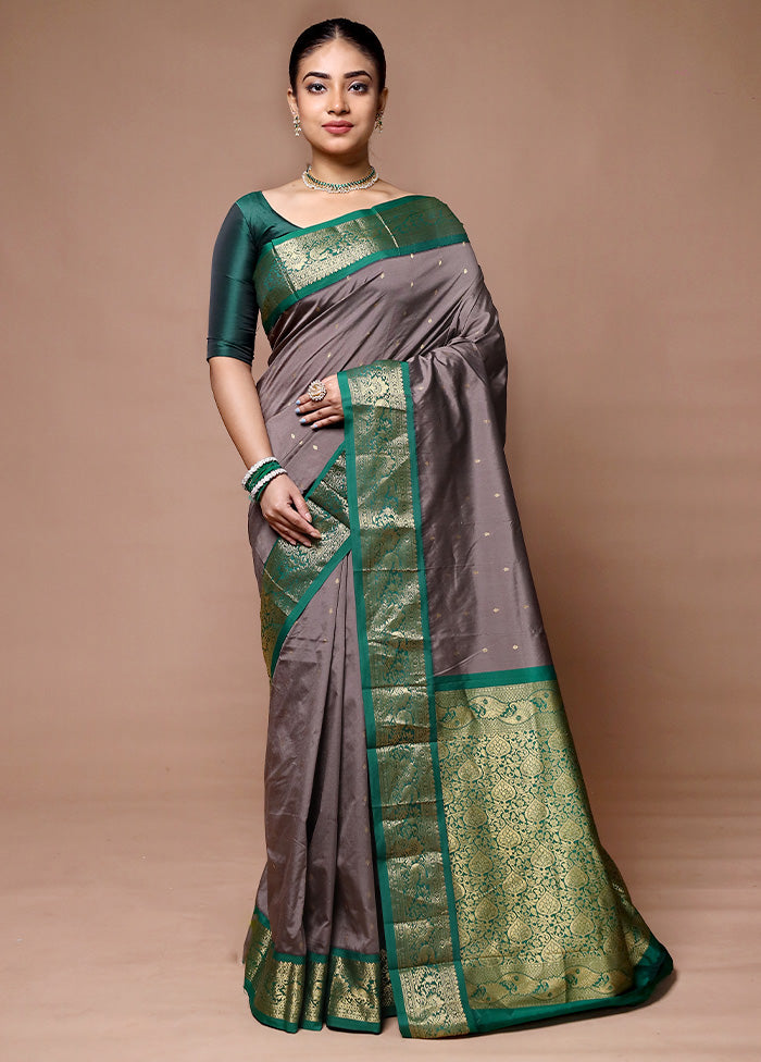 Grey Kanjivaram Silk Saree With Blouse Piece