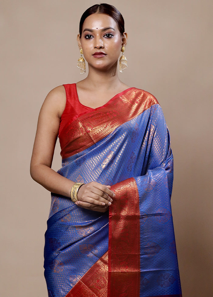 Blue Kanjivaram Silk Saree With Blouse Piece