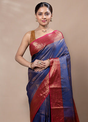 Blue Kanjivaram Silk Saree With Blouse Piece