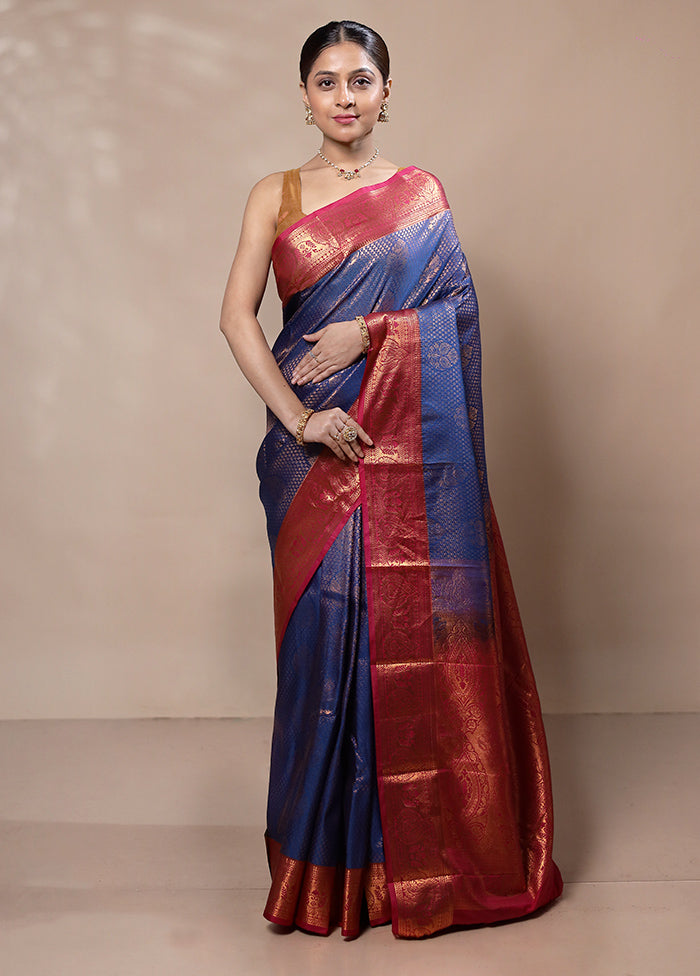 Blue Kanjivaram Silk Saree With Blouse Piece