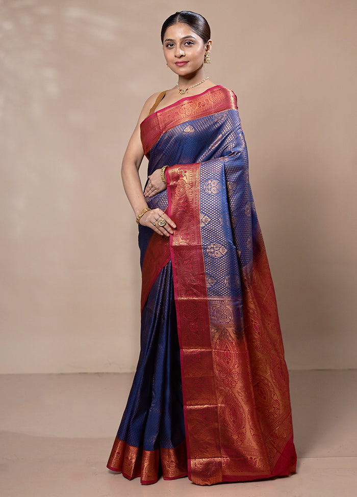 Blue Kanjivaram Silk Saree With Blouse Piece