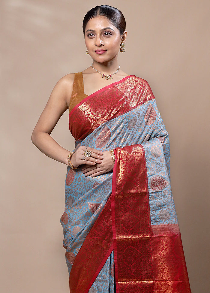 Blue Kanjivaram Silk Saree With Blouse Piece