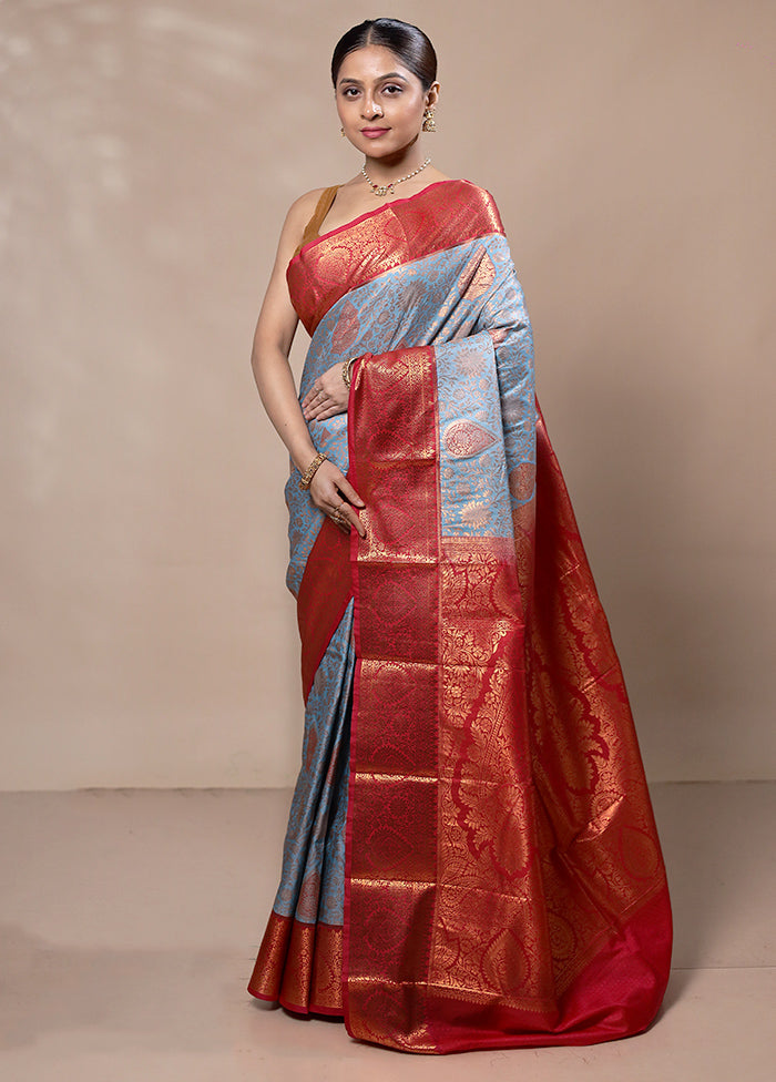 Blue Kanjivaram Silk Saree With Blouse Piece