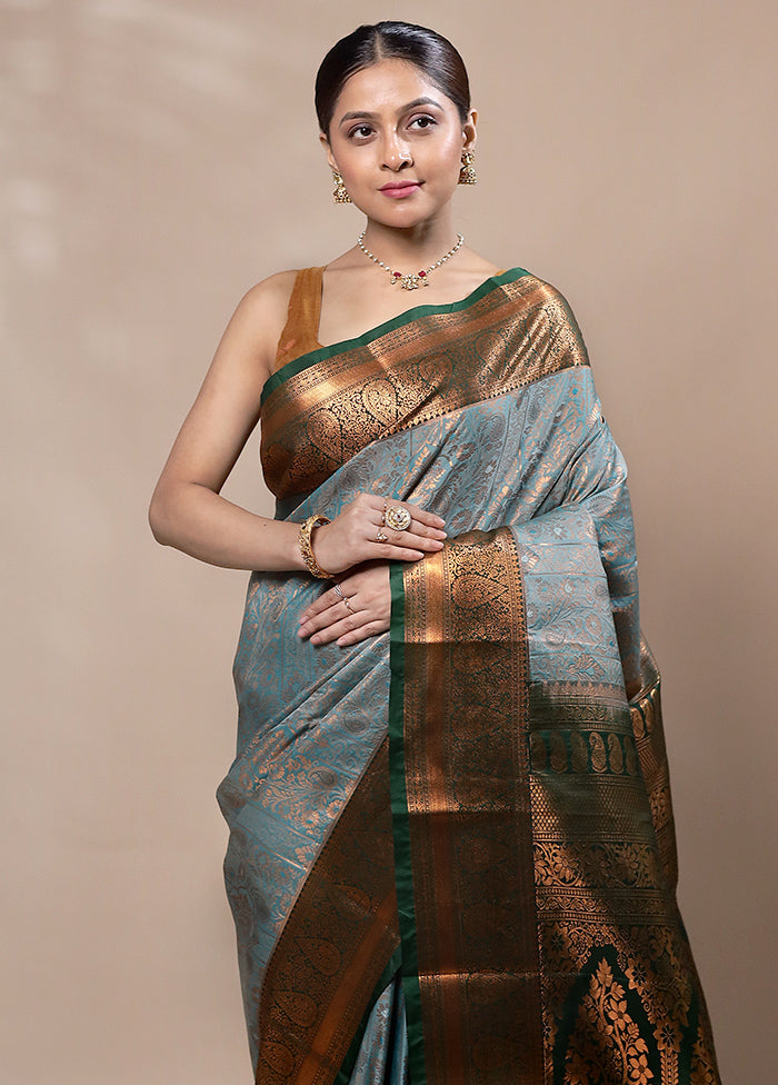 Blue Kanjivaram Silk Saree With Blouse Piece