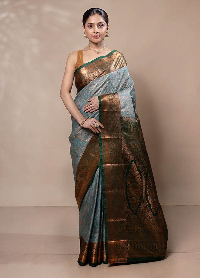 Blue Kanjivaram Silk Saree With Blouse Piece