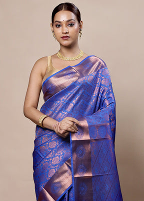 Blue Kanjivaram Silk Saree With Blouse Piece