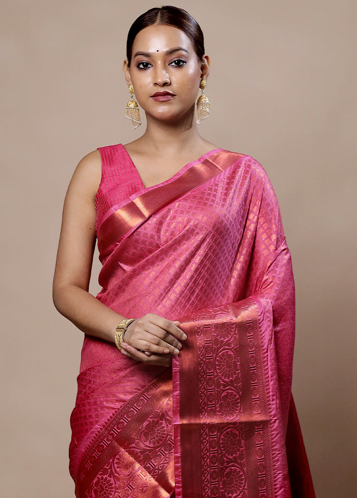 Pink Kanjivaram Silk Saree With Blouse Piece