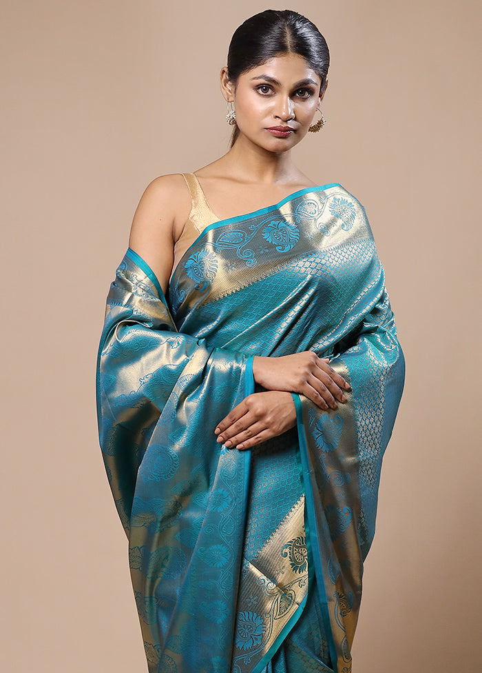 Blue Kanjivaram Silk Saree With Blouse Piece