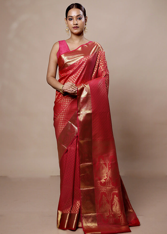 Pink Kanjivaram Silk Saree With Blouse Piece